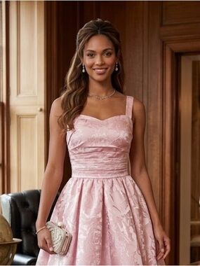 New Elegant Pink Jacquard Fit-and-Flare Dress